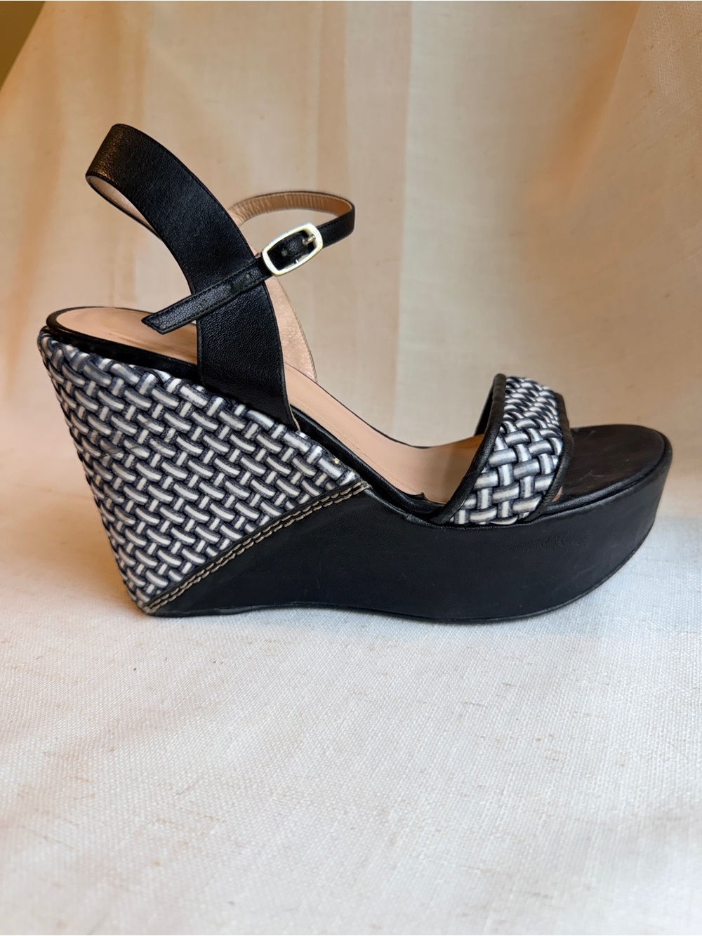 Stuart Weitzman Black White Woven Platform Wedge Sandals Approx 8.5